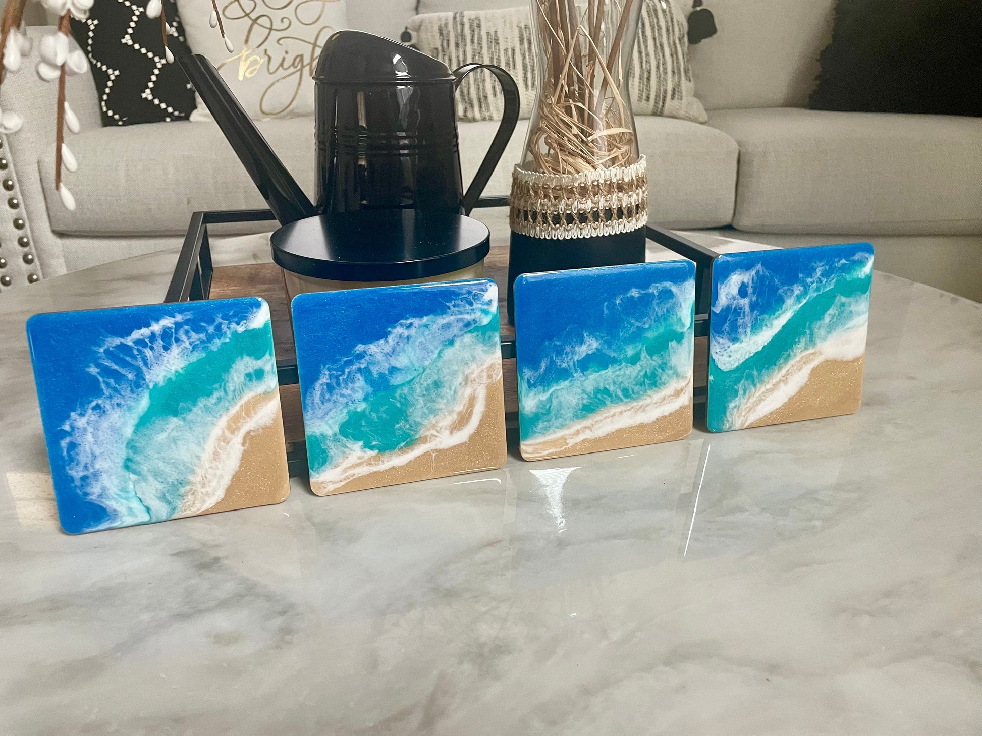 Resin Ocean Wave Coaster Set of 2 or 4, Square Wooden Beach Coasters, Handmade Coastal Decor, Housewarming Gift, New Home Gift, Hostess Gift