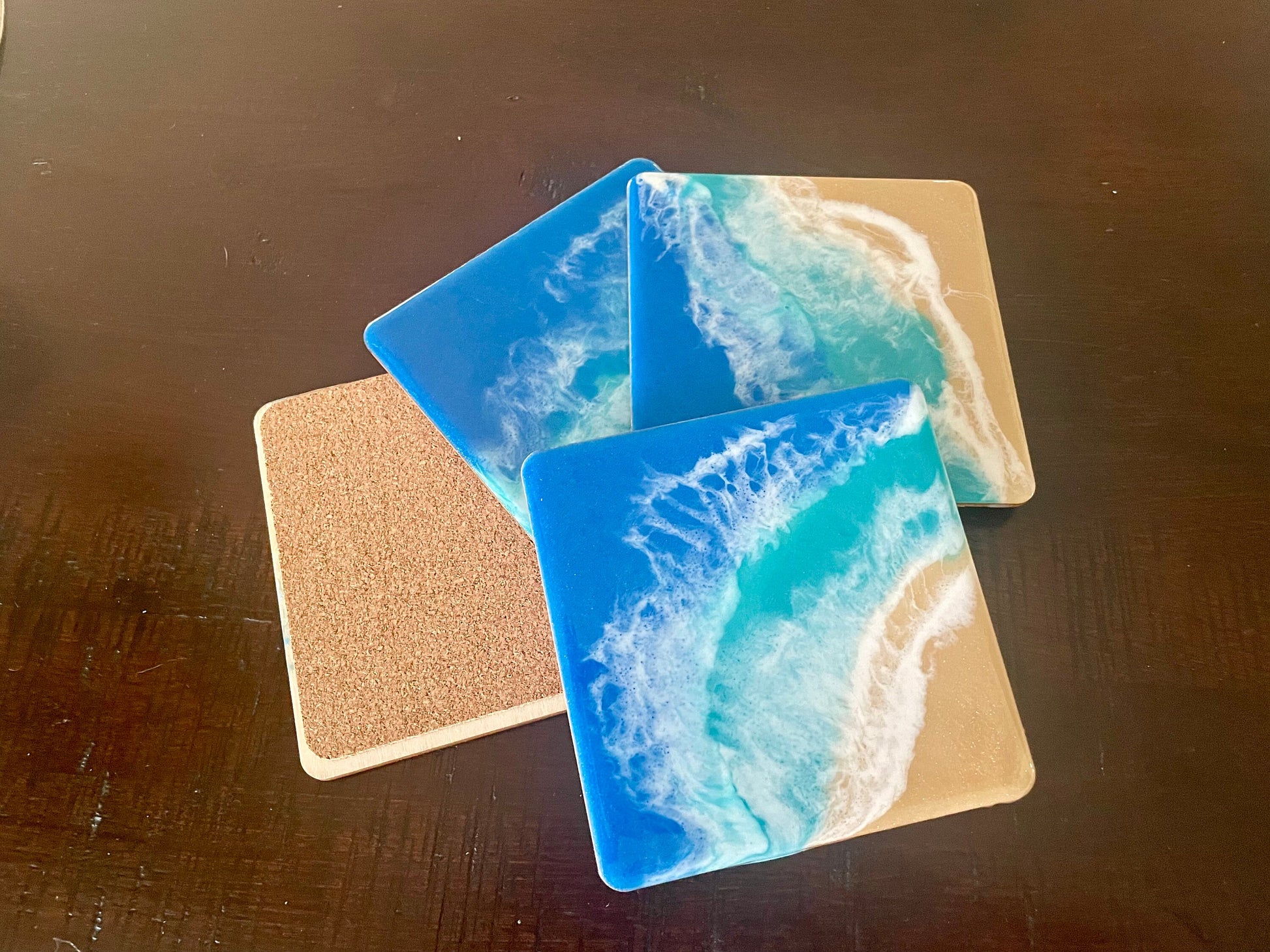 Resin Ocean Wave Coaster Set of 2 or 4, Square Wooden Beach Coasters, Handmade Coastal Decor, Housewarming Gift, New Home Gift, Hostess Gift