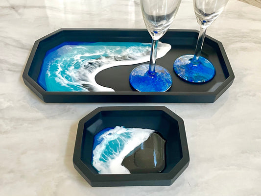 Black Sand Beach Resin Ocean Wave Decorative Trays, Coastal Art, Wine Bar decor, Ocean Lover Gift, Housewarming Gift, Beach House Vibe