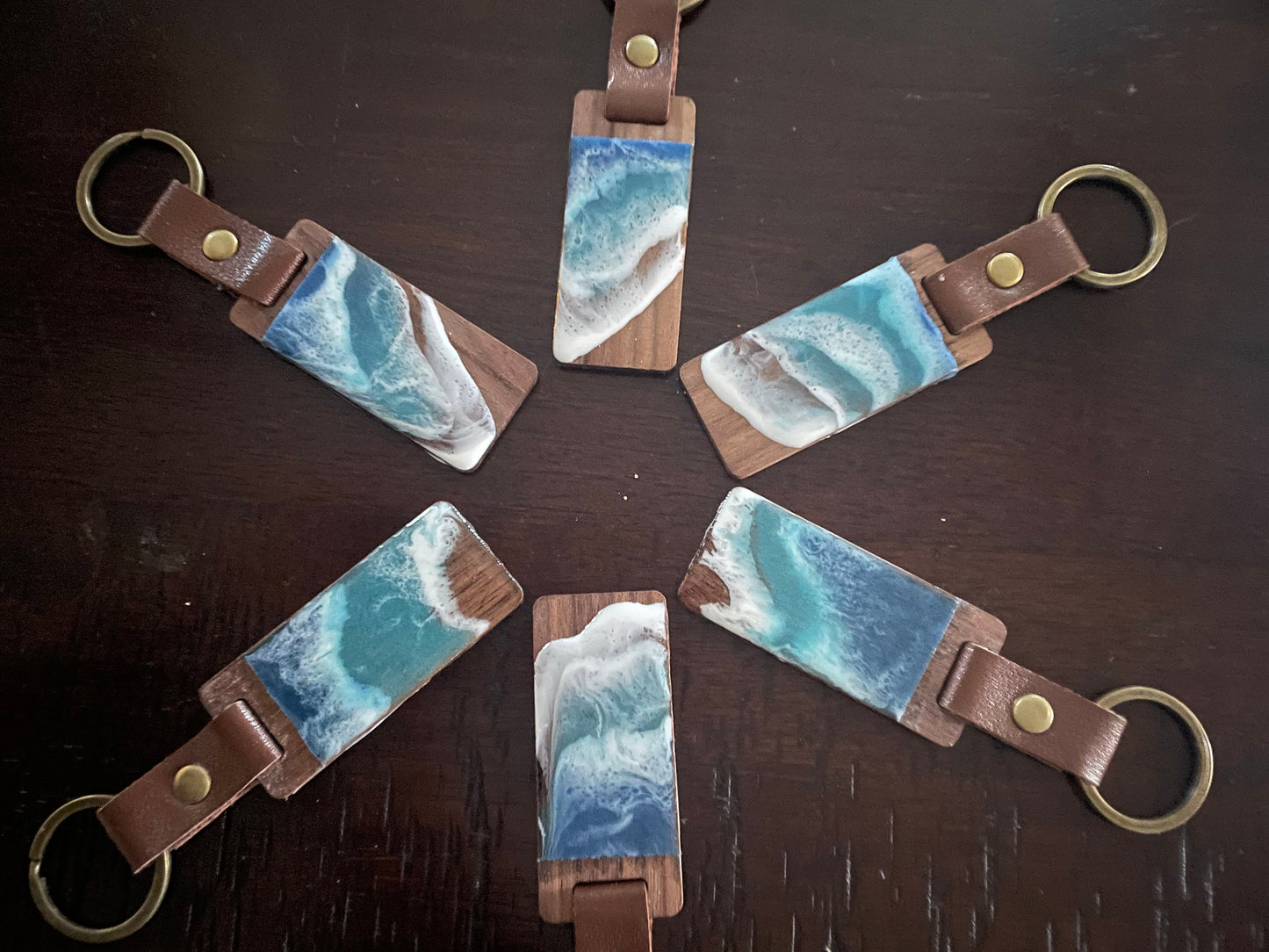 Wood Ocean Wave Keychain with Leather Strap, Perfect for Beach Lovers, also great as a Bag Tag or Decorative Bag Accessory