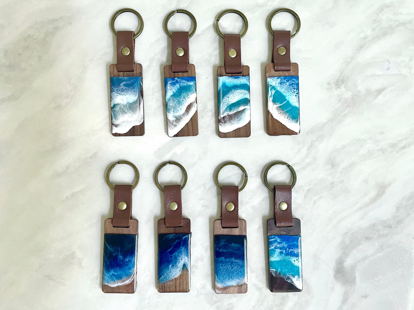 Wood Ocean Wave Keychain with Leather Strap, Perfect for Beach Lovers, also great as a Bag Tag or Decorative Bag Accessory