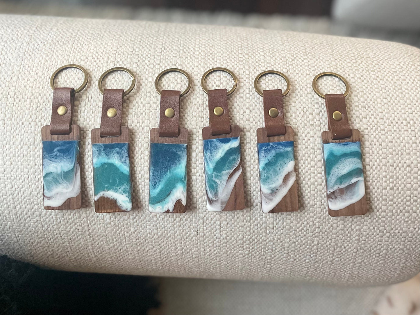 Wood Ocean Wave Keychain with Leather Strap, Perfect for Beach Lovers, also great as a Bag Tag or Decorative Bag Accessory