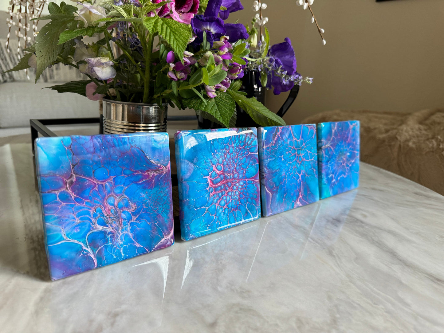 Handmade Painted Coasters, Set of 4 Blue, Pink, and Purple Fluid Art Coasters, Home Decor, Housewarming Gift, Paint Pour Drink Coasters