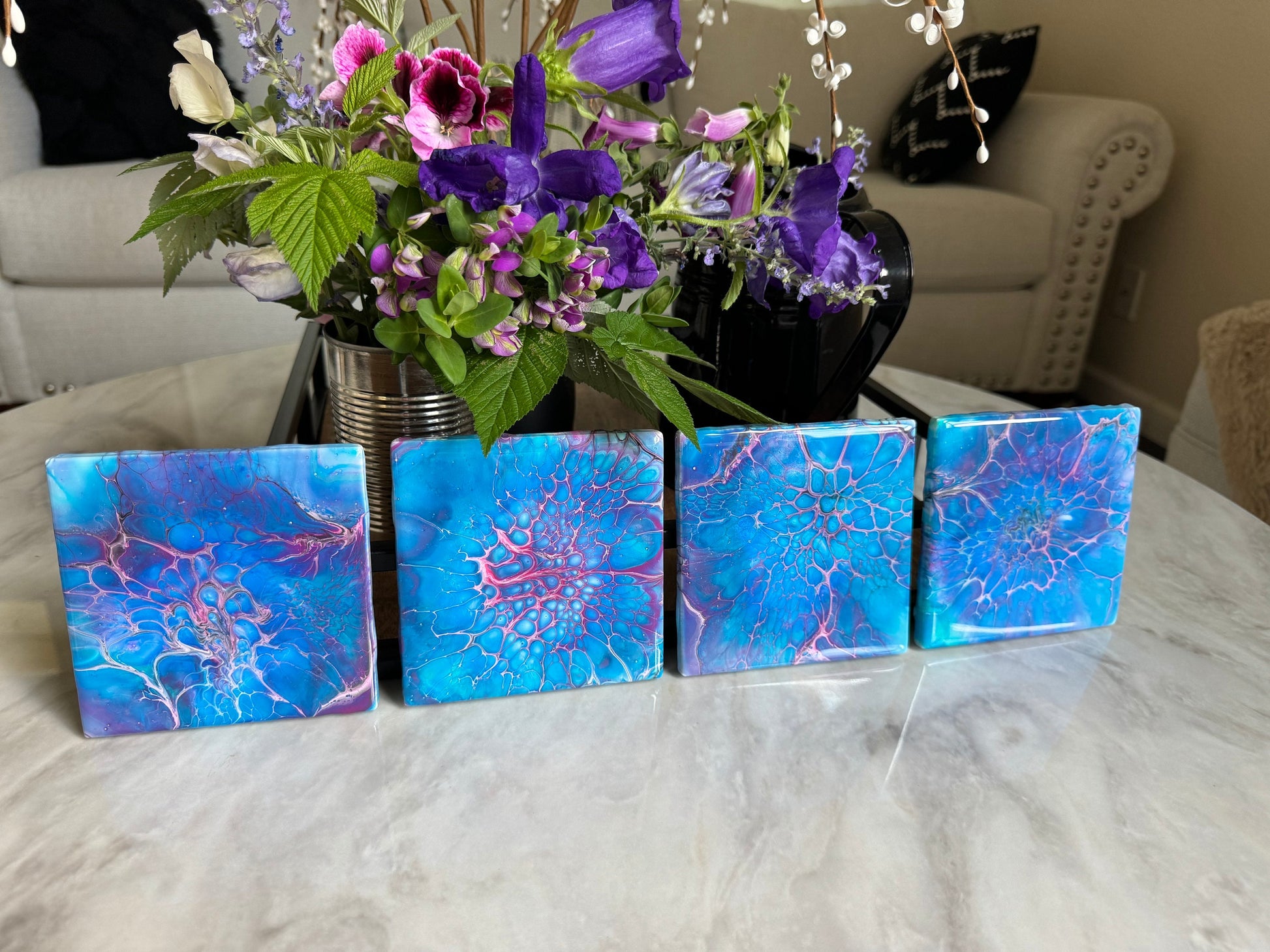 Handmade Painted Coasters, Set of 4 Blue, Pink, and Purple Fluid Art Coasters, Home Decor, Housewarming Gift, Paint Pour Drink Coasters