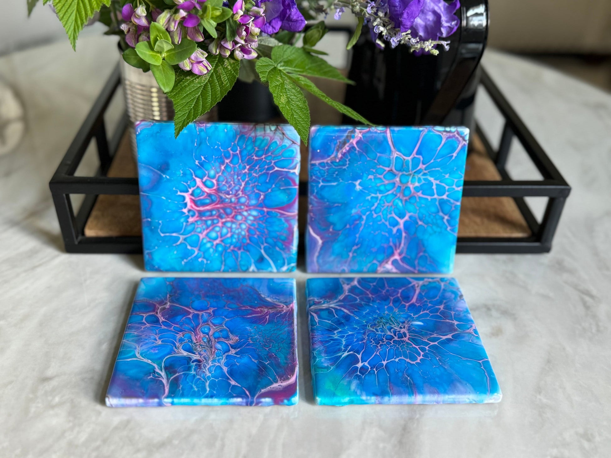 Handmade Painted Coasters, Set of 4 Blue, Pink, and Purple Fluid Art Coasters, Home Decor, Housewarming Gift, Paint Pour Drink Coasters