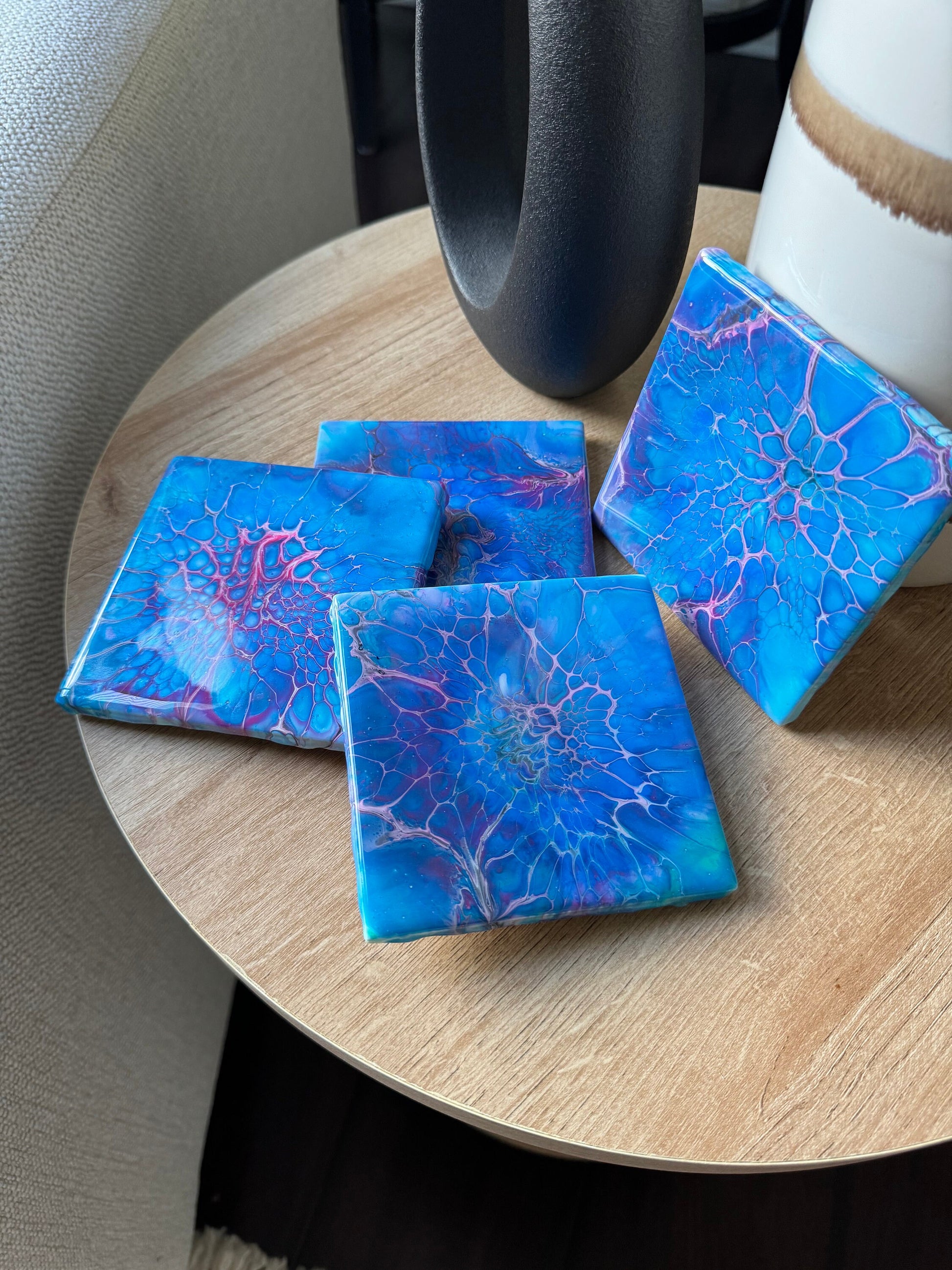 Handmade Painted Coasters, Set of 4 Blue, Pink, and Purple Fluid Art Coasters, Home Decor, Housewarming Gift, Paint Pour Drink Coasters