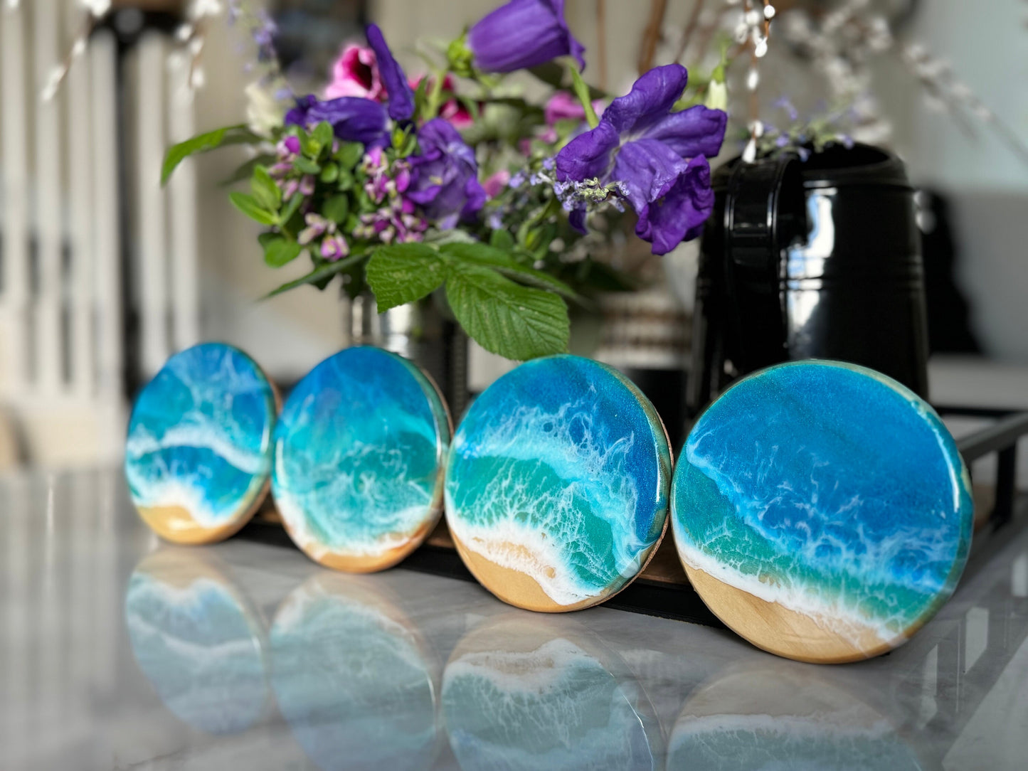 Resin Ocean Wave Coaster Set of 4, Round Wood Beach Coasters, Handmade Coastal Home Decor, Housewarming Gift, New Home Gift, Hostess Gift