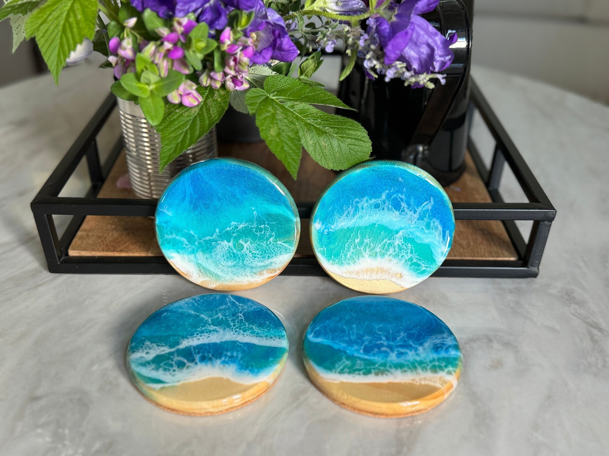 Resin Ocean Wave Coaster Set of 4, Round Wood Beach Coasters, Handmade Coastal Home Decor, Housewarming Gift, New Home Gift, Hostess Gift