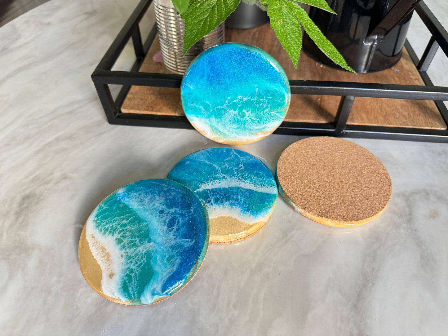 Resin Ocean Wave Coaster Set of 4, Round Wood Beach Coasters, Handmade Coastal Home Decor, Housewarming Gift, New Home Gift, Hostess Gift