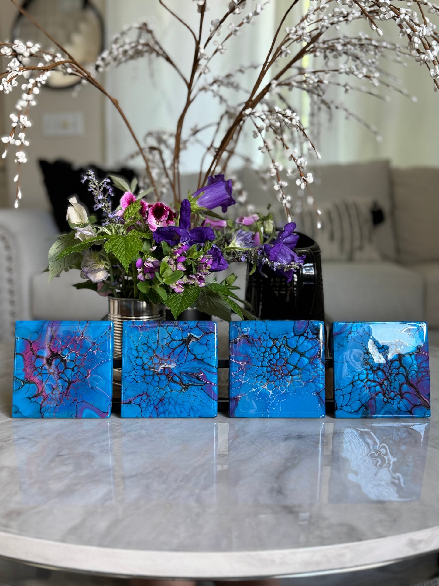 Decorative Handmade Coaster Set of 2 or 4 Turquoise & Purple Fluid Art Coasters, Housewarming Gift, Functional Art Paint Pour Drink Coaster