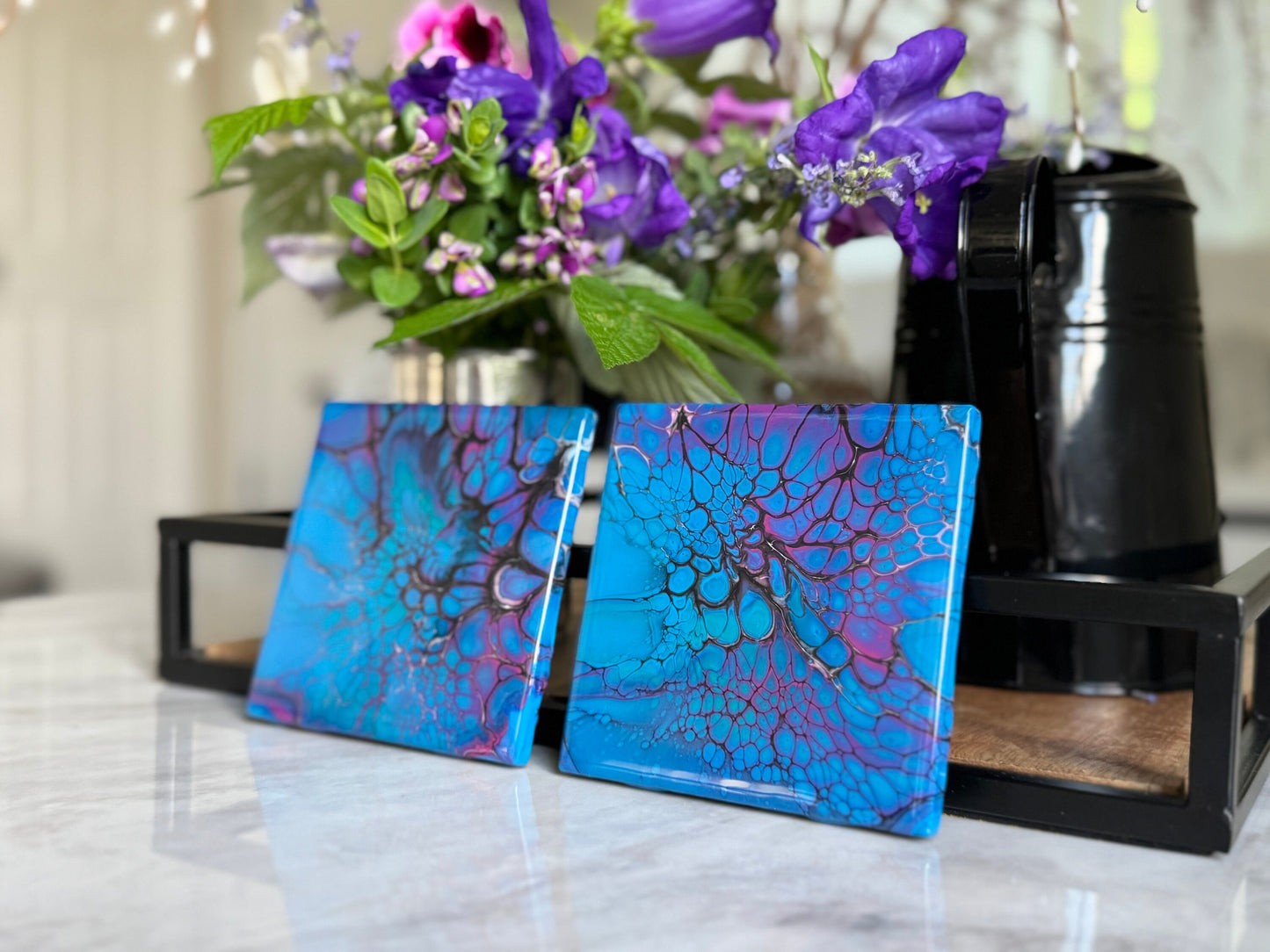 Decorative Handmade Coaster Set of 2 or 4 Turquoise & Purple Fluid Art Coasters, Housewarming Gift, Functional Art Paint Pour Drink Coaster