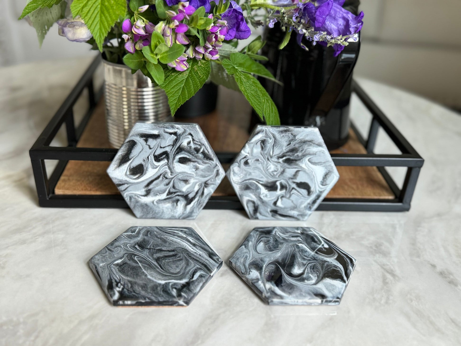 Ceramic Drink Coaster Set of 4 in Metallic Black Silver and White, 4 Inch Hexagon Acrylic Paint Pour Housewarming Gift in Home Decor/Barware