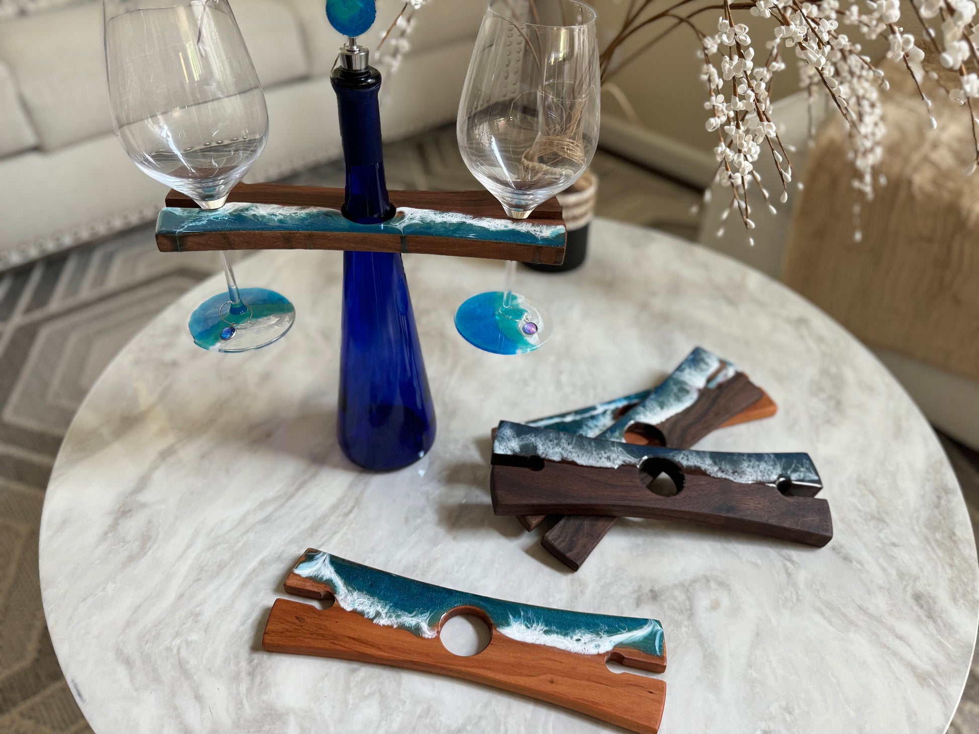 Resin Ocean Wave Wood Wine Caddy for Wine and Ocean Lovers, Handmade Coastal Decor, Housewarming Gift, New Home Gift, Hostess Gift