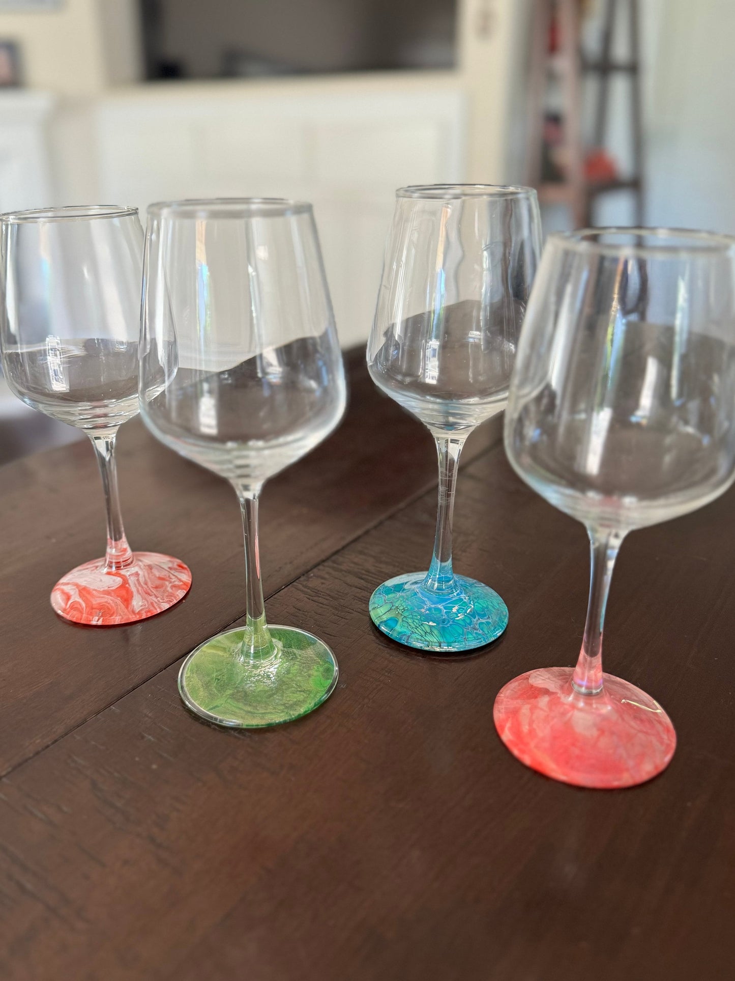 Decorated Wine Glass Gift Set of Four Unique Glasses: all different colors to stand out from one another, no need for charms with these!