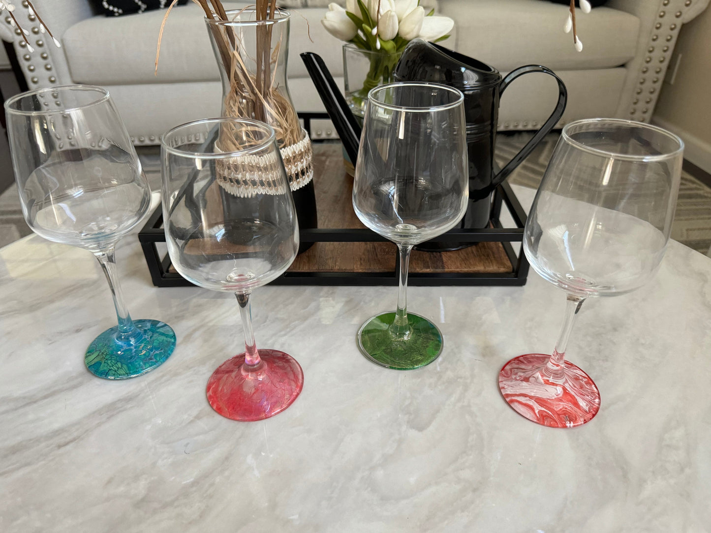 Decorated Wine Glass Gift Set of Four Unique Glasses: all different colors to stand out from one another, no need for charms with these!