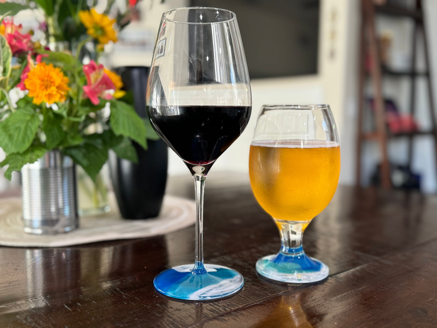 Ocean Wave Cutting Board with a Wine Glass and a Beer Glass makes the Perfect Gift for Ocean Loving Couples, Coastal Home Decor Beach House