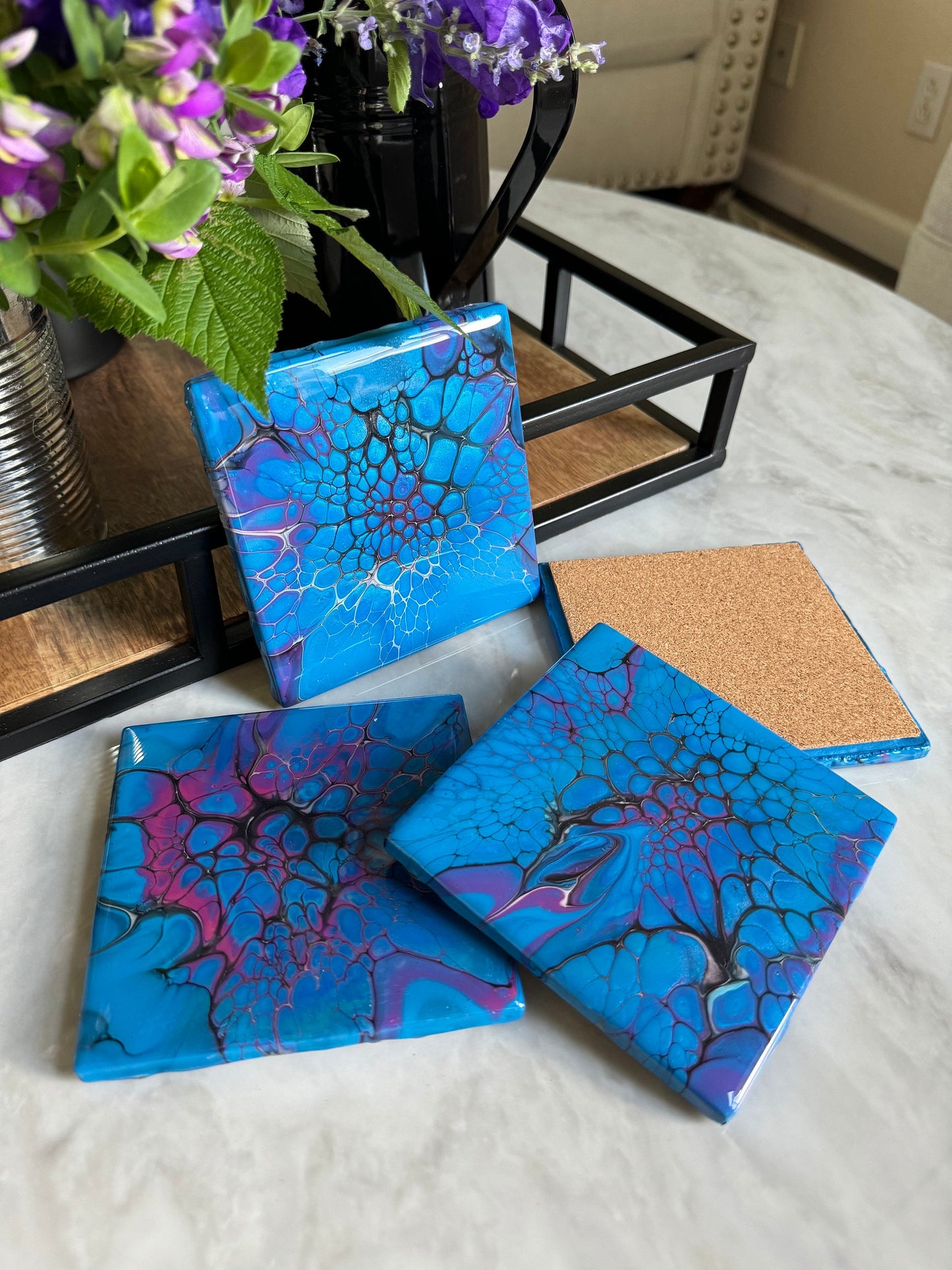 Decorative Handmade Coaster Set of 2 or 4 Turquoise & Purple Fluid Art Coasters, Housewarming Gift, Functional Art Paint Pour Drink Coaster