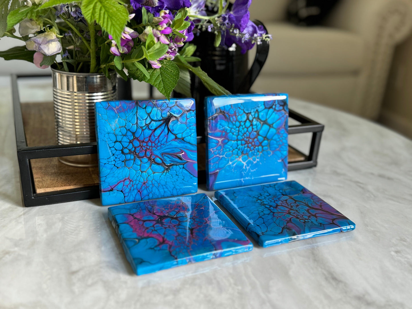 Decorative Handmade Coaster Set of 2 or 4 Turquoise & Purple Fluid Art Coasters, Housewarming Gift, Functional Art Paint Pour Drink Coaster