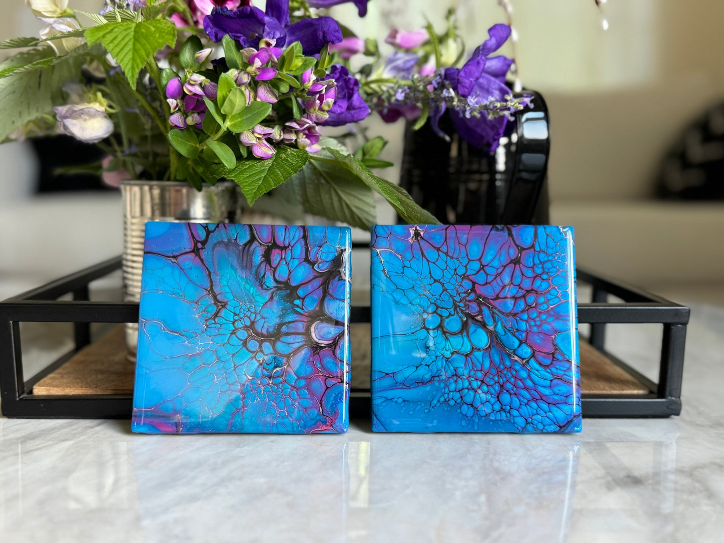 Decorative Handmade Coaster Set of 2 or 4 Turquoise & Purple Fluid Art Coasters, Housewarming Gift, Functional Art Paint Pour Drink Coaster