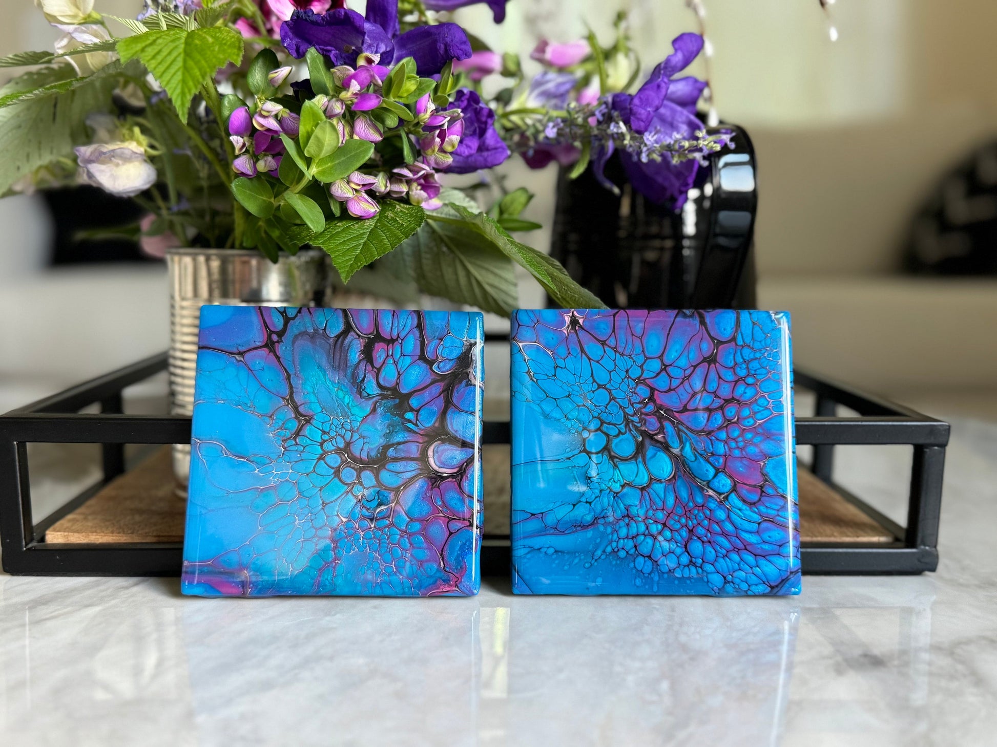 Decorative Handmade Coaster Set of 2 or 4 Turquoise & Purple Fluid Art Coasters, Housewarming Gift, Functional Art Paint Pour Drink Coaster