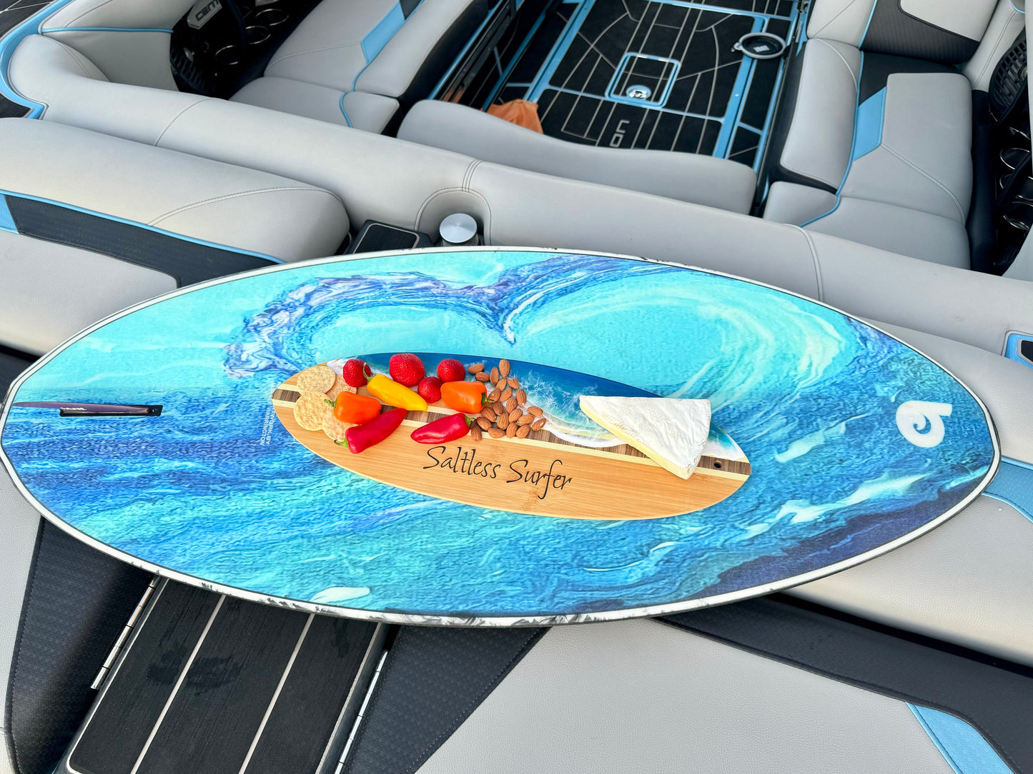 Personalized Wave Charcuterie Wake Surf Board / Surfboard Resin Art / Ocean Serving Board / Lake Decor / Lake Lover Gift / Cheese Lover