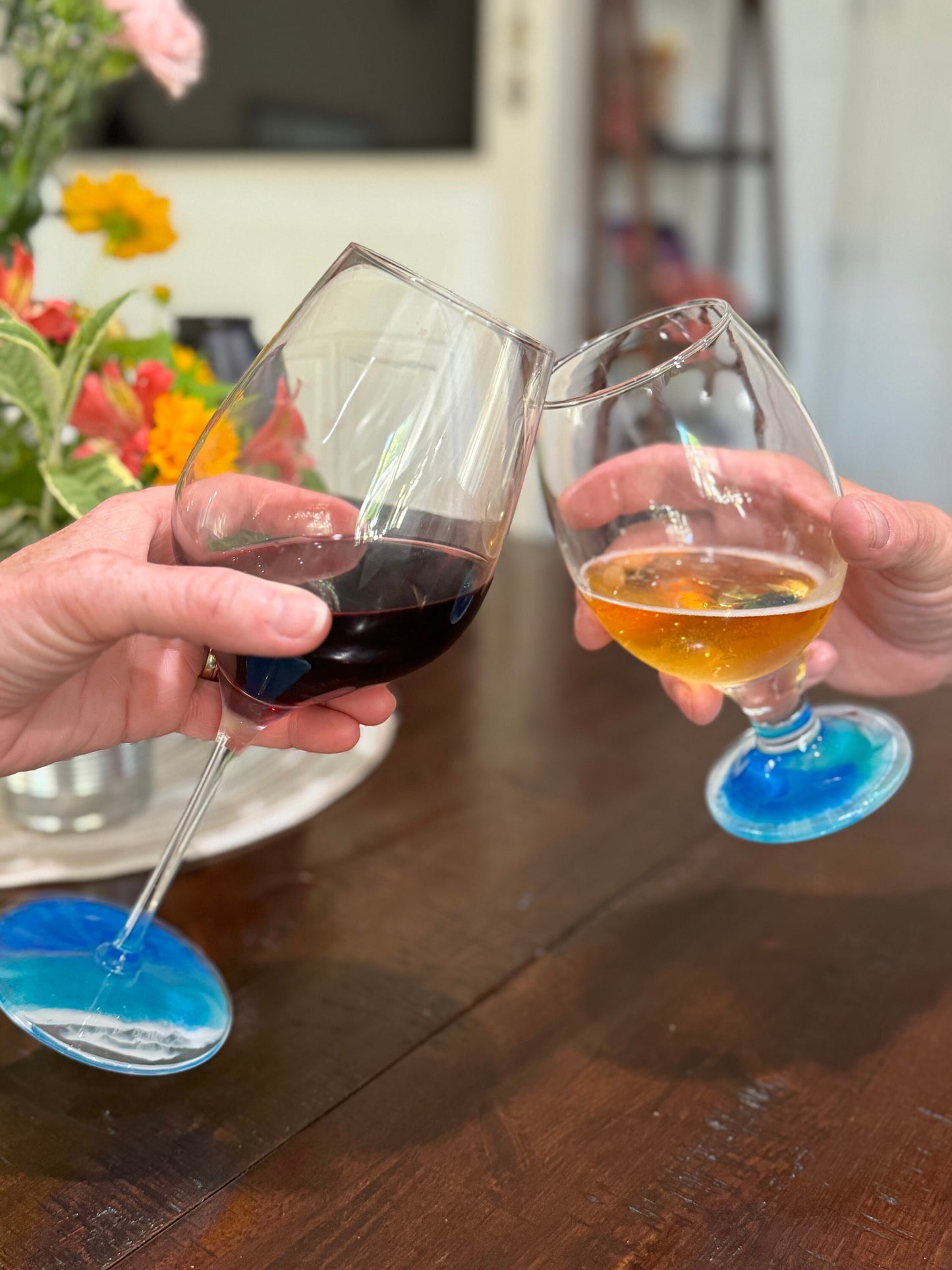 Ocean Wave Cutting Board with a Wine Glass and a Beer Glass makes the Perfect Gift for Ocean Loving Couple, Coastal Home Decor Beach House