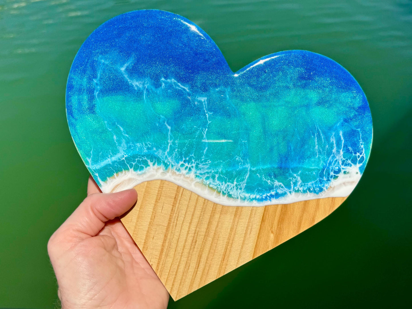 Personalized Wooden Heart Wall Art with Resin Ocean Wave, Custom Dorm Decor, Beach Name Sign, Handmade Coastal Art, Gift for Students