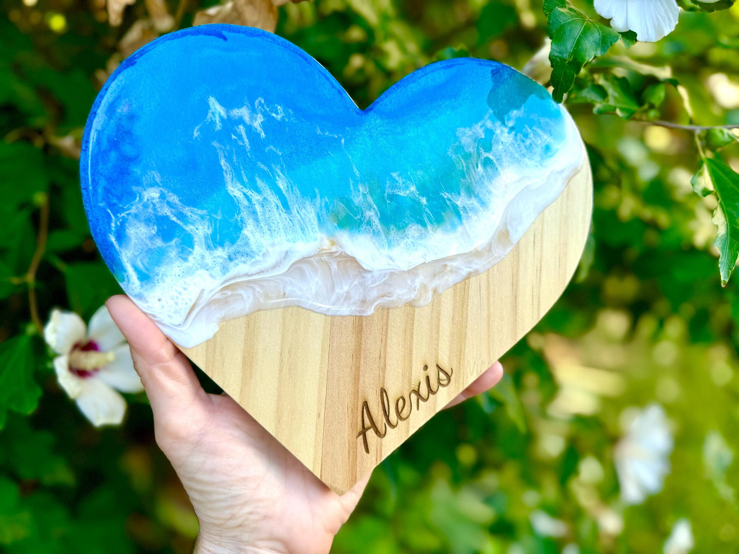 Personalized Wooden Heart Wall Art with Resin Ocean Wave, Custom Dorm Decor, Beach Name Sign, Handmade Coastal Art, Gift for Students