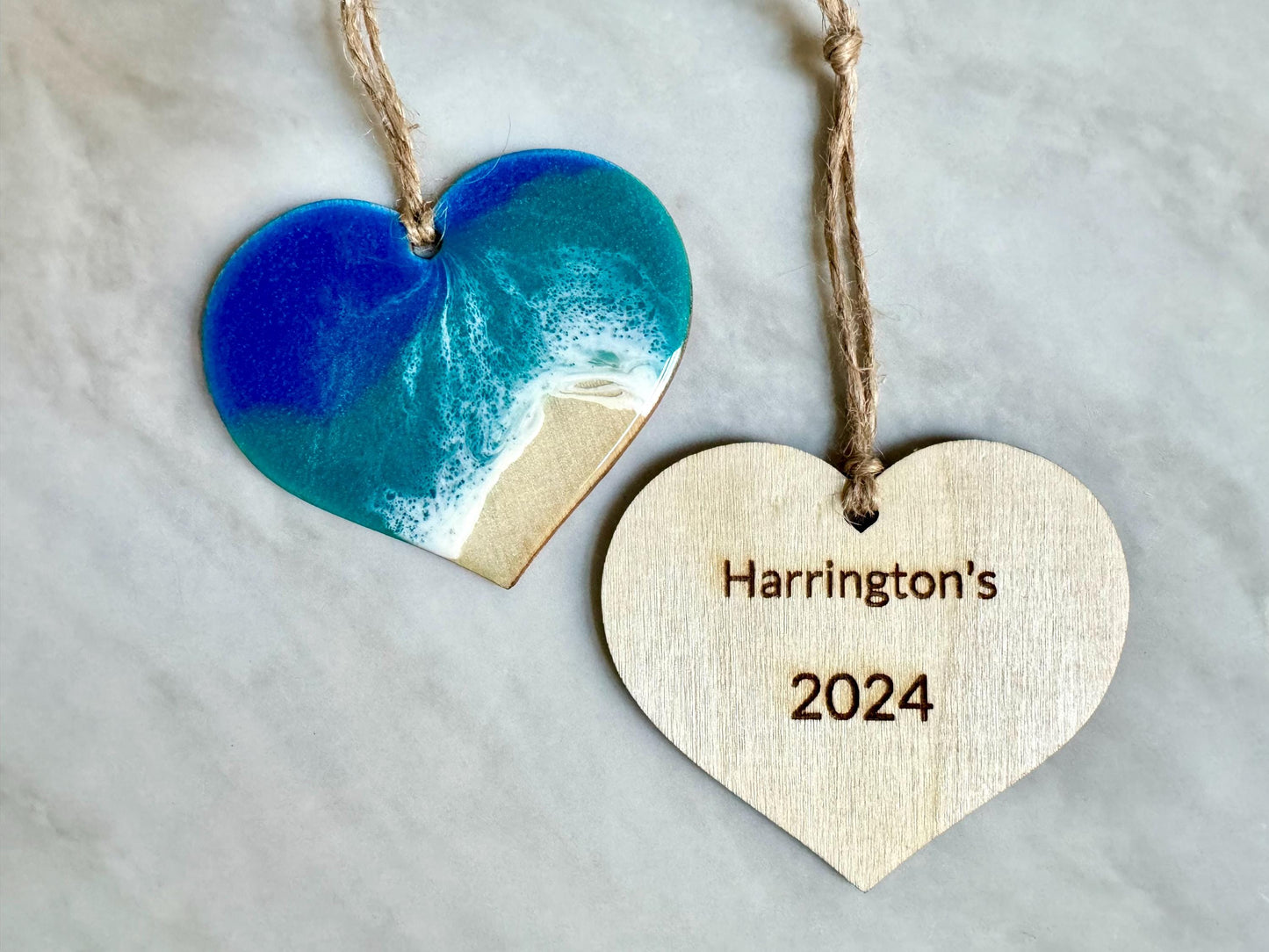 Personalized Beach Lover's Christmas Ornament, Small Wood Heart Home Decor with Resin Ocean Wave, Name or Sentiment Laser Engraved on Back