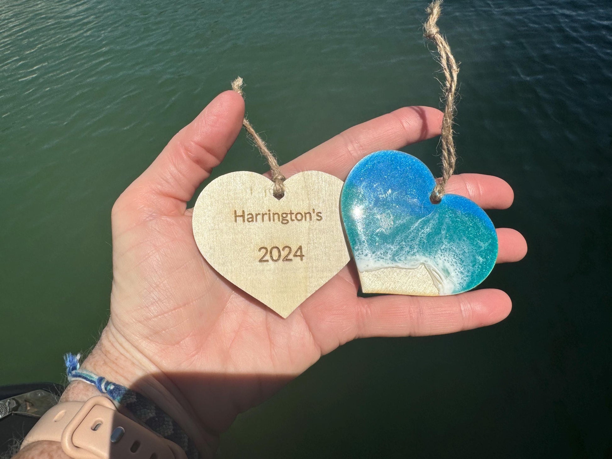 Personalized Beach Lover's Christmas Ornament, Small Wood Heart Home Decor with Resin Ocean Wave, Name or Sentiment Laser Engraved on Back