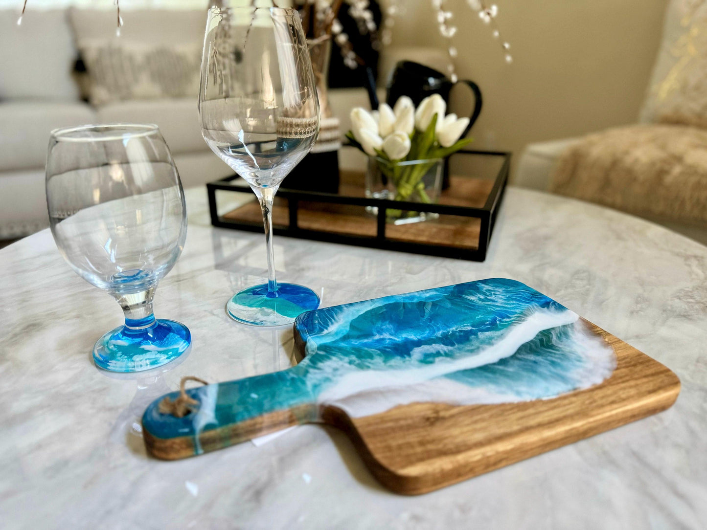 Ocean Wave Cutting Board with a Wine Glass and a Beer Glass makes the Perfect Gift for Ocean Loving Couple, Coastal Home Decor Beach House