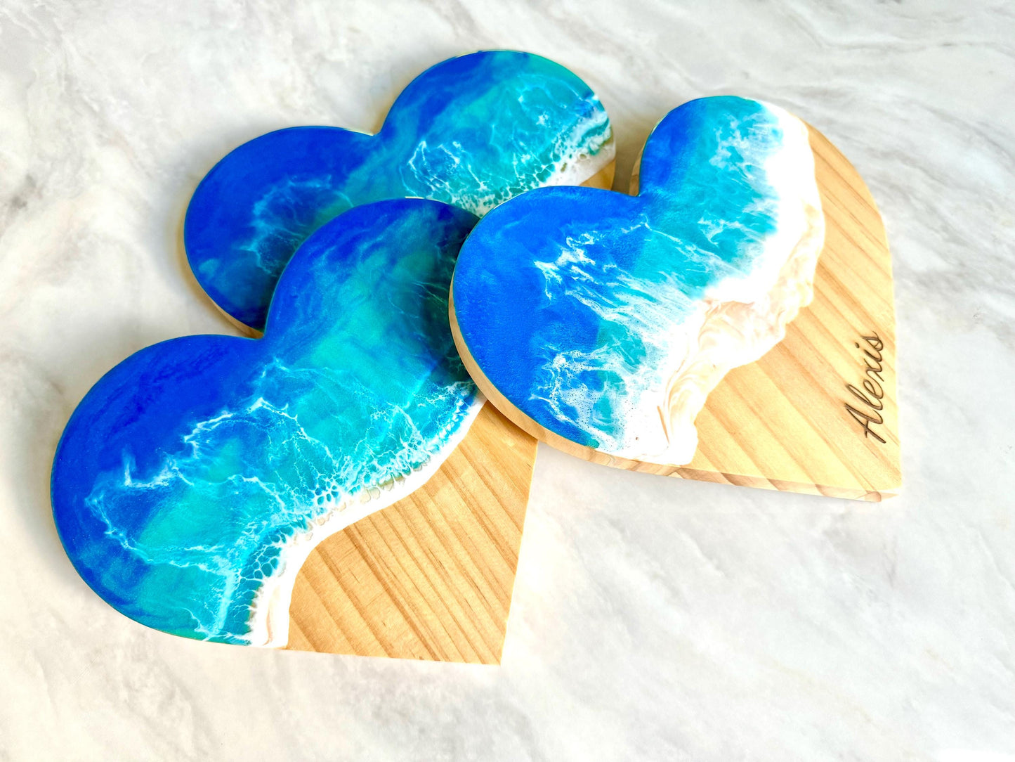 Personalized Wooden Heart Wall Art with Resin Ocean Wave, Custom Dorm Decor, Beach Name Sign, Handmade Coastal Art, Gift for Students