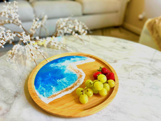 Round Coastal Serving Tray, 12 in Bamboo Beach Platter, Wooden Ocean Home Decor, Great Housewarming or New Home Gift for Beach Lover