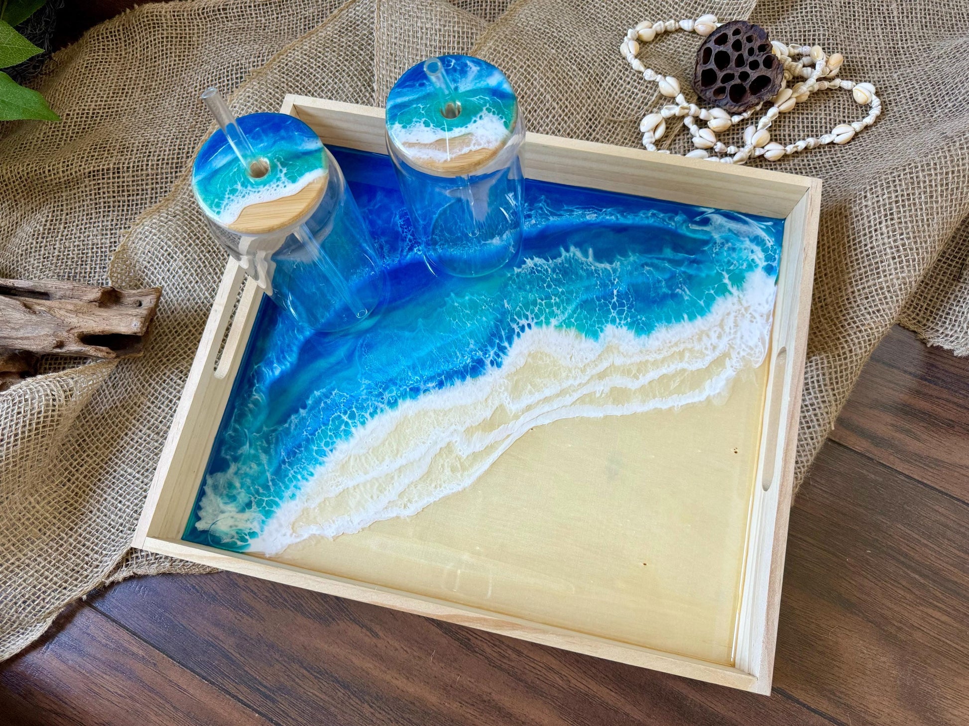 Resin Ocean Wave Serving Tray with 2 Bamboo Lid Glasses, Coastal Home Decor, Housewarming Gift, Realtor Closing Gift, Beach House Vibe