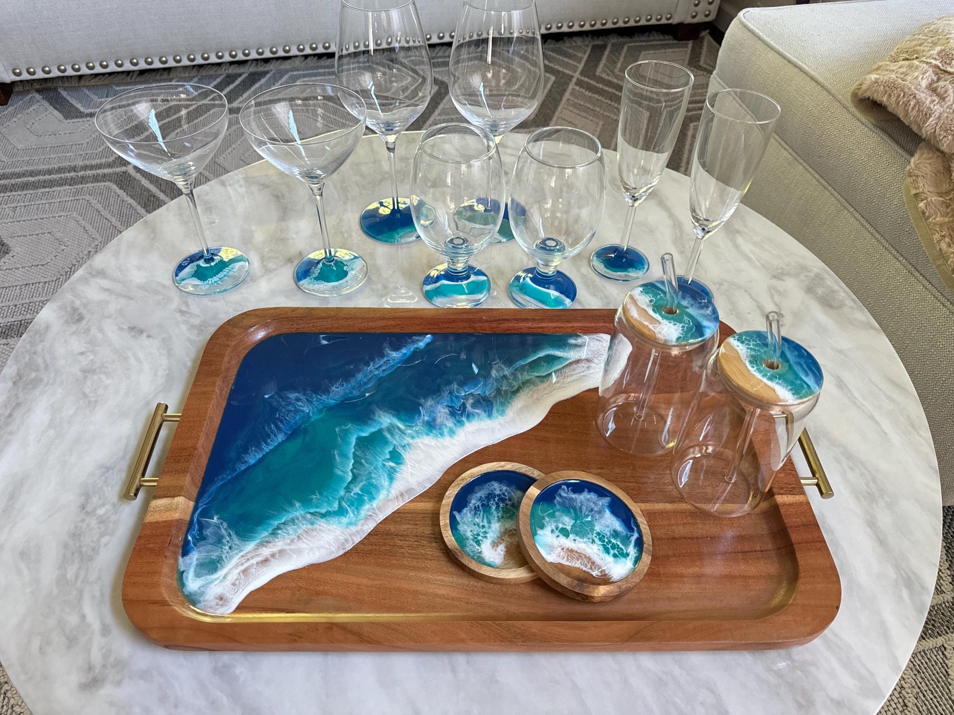 Large Ocean Wave Tray Gift Set for Wine & Cheese Lovers, Realtor Closing New Home Gift, Wedding, Couple Beach Lover Gift, Coastal Christmas