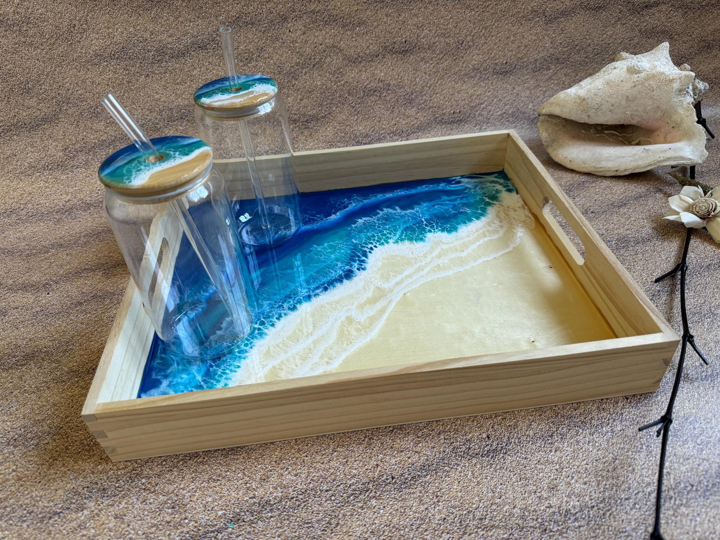 Resin Ocean Wave Serving Tray with 2 Bamboo Lid Glasses, Coastal Home Decor, Housewarming Gift, Realtor Closing Gift, Beach House Vibe