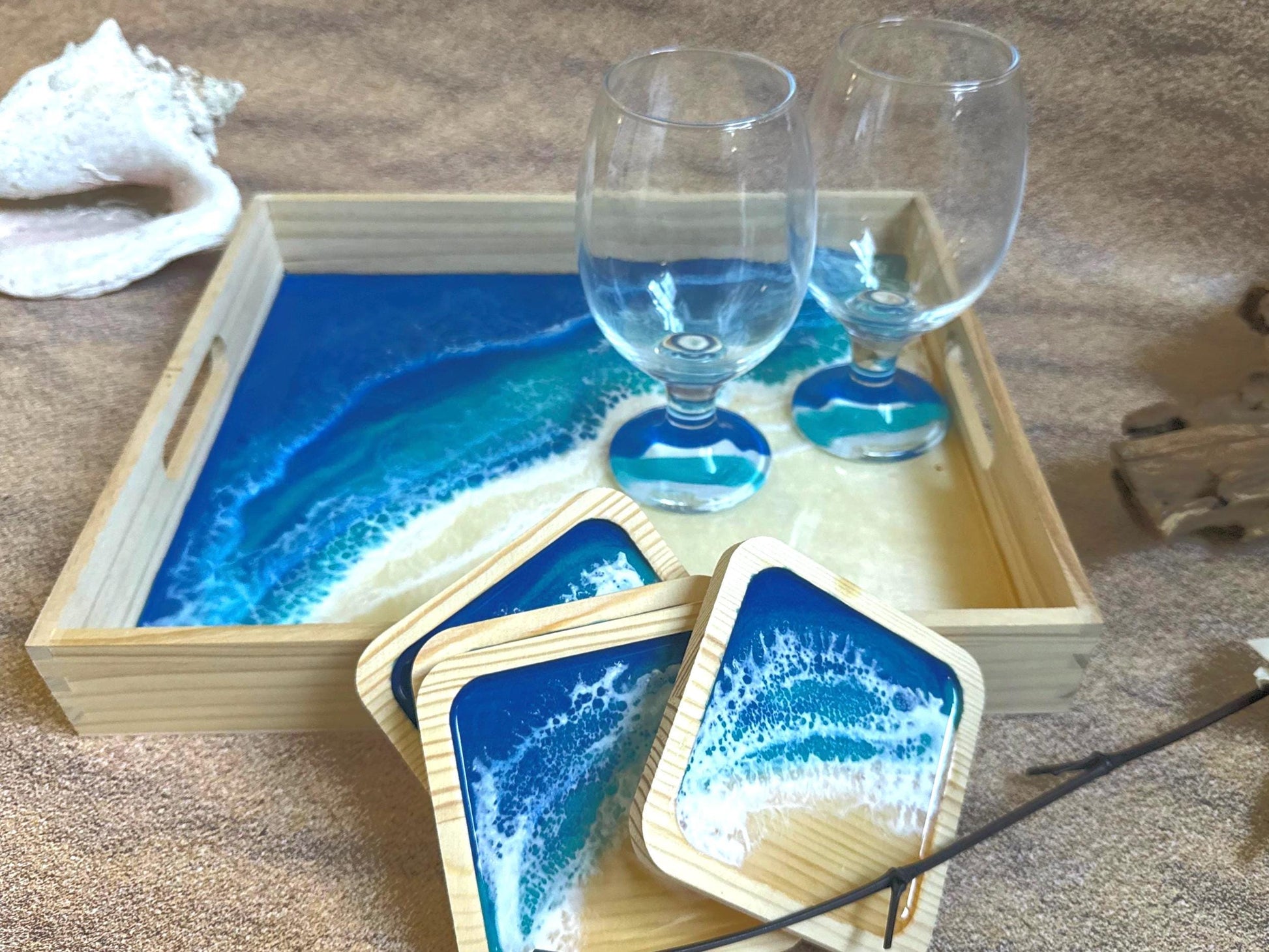 Nautical Serving Tray, 2 Can Glass Cold Brew Cups, Ocean Coastal Home Decor, Housewarming Realtor Closing Gift, Food Tray