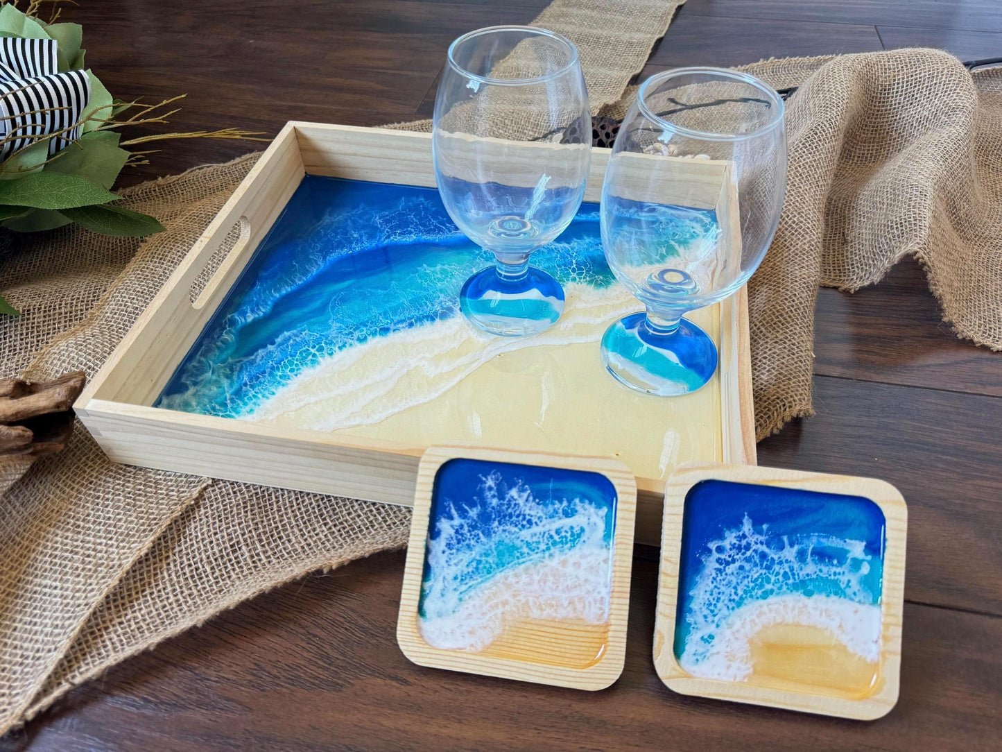 Nautical Serving Tray, 2 Can Glass Cold Brew Cups, Ocean Coastal Home Decor, Housewarming Realtor Closing Gift, Food Tray