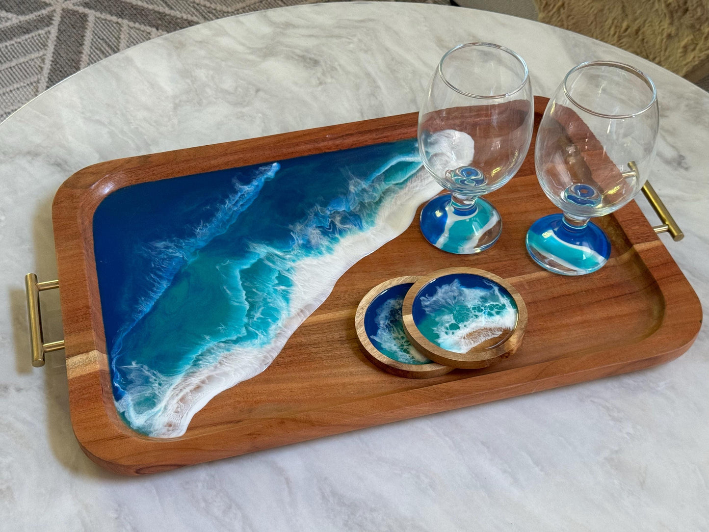 Large Ocean Wave Tray Gift Set for Wine & Cheese Lovers, Realtor Closing New Home Gift, Wedding, Couple Beach Lover Gift, Coastal Christmas