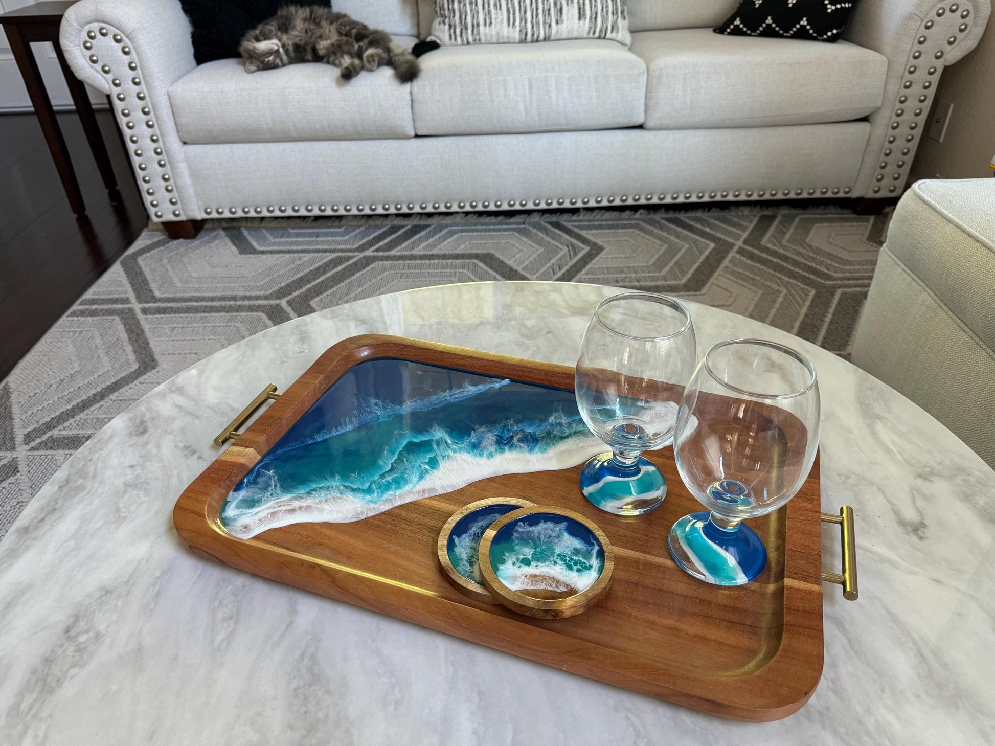 Large Ocean Wave Tray Gift Set for Wine & Cheese Lovers, Realtor Closing New Home Gift, Wedding, Couple Beach Lover Gift, Coastal Christmas