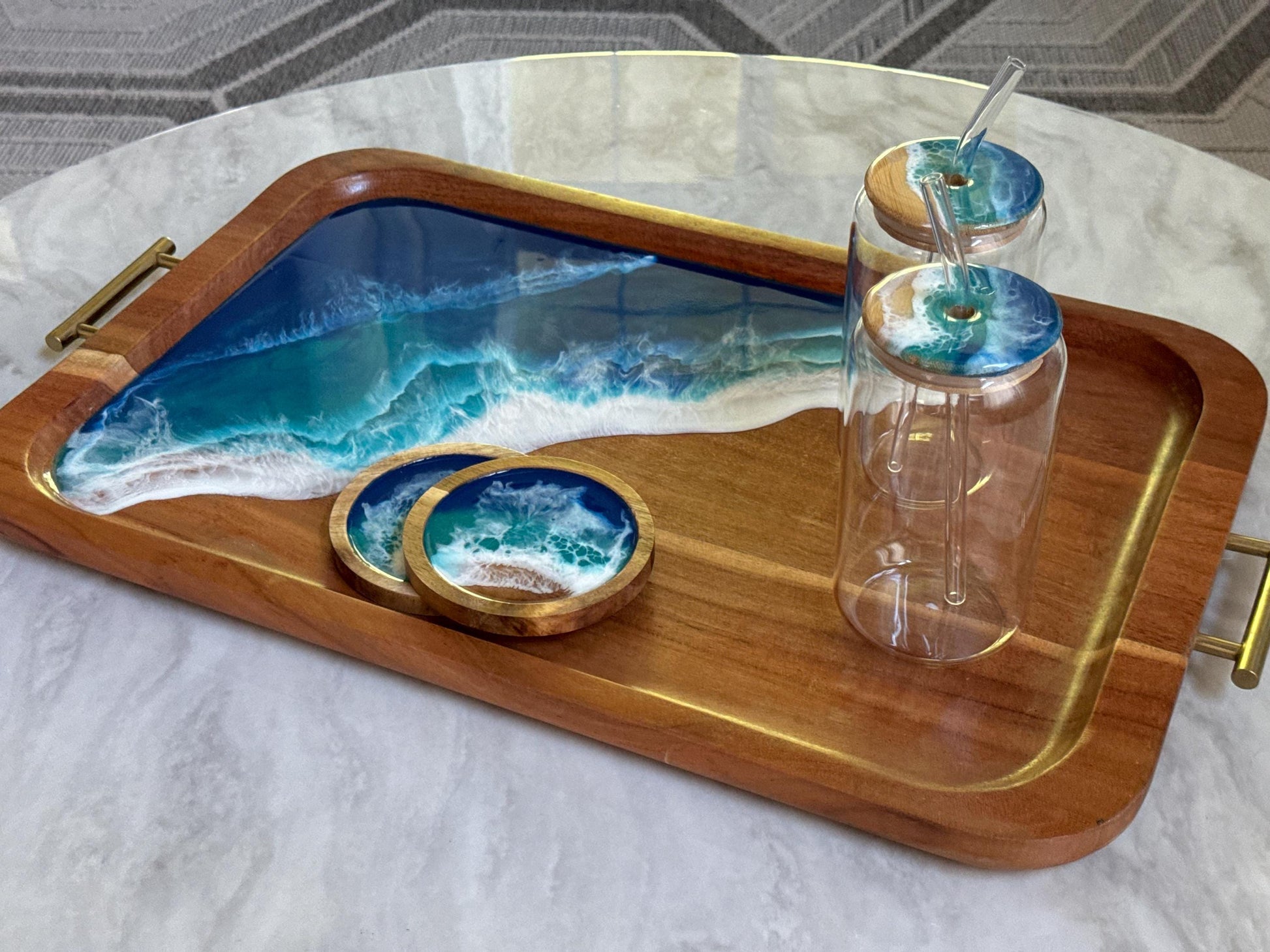 Large Ocean Wave Tray Gift Set for Wine & Cheese Lovers, Realtor Closing New Home Gift, Wedding, Couple Beach Lover Gift, Coastal Christmas