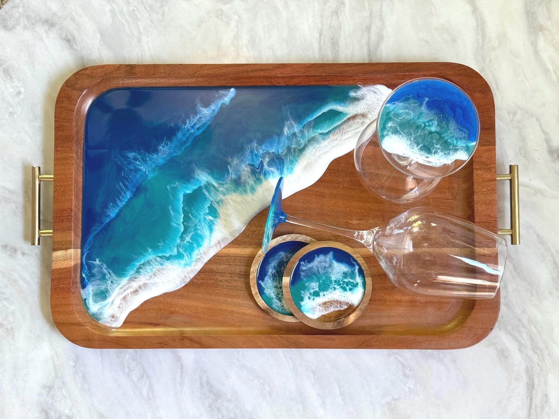 Large Ocean Wave Tray Gift Set for Wine & Cheese Lovers, Realtor Closing New Home Gift, Wedding, Couple Beach Lover Gift, Coastal Christmas