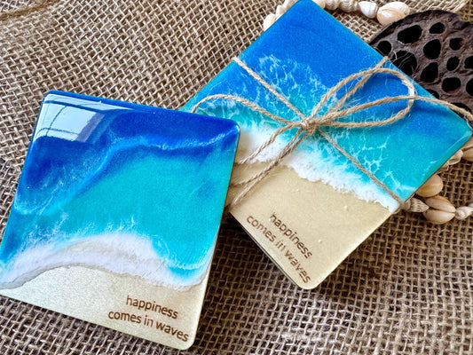 Happiness Comes in Waves Coaster Set, Resin Ocean Wave Wood Beach Coasters, Handmade Coastal Decor, Housewarming New Home Gift, Hostess Gift