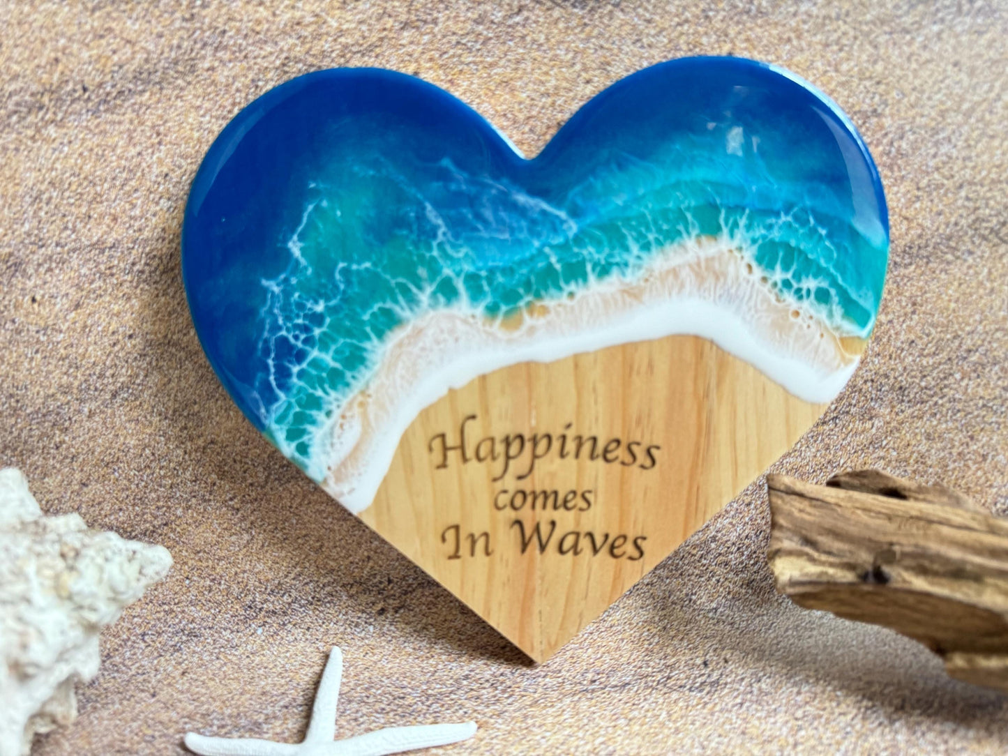 Ocean Wave Wall Art, Wooden Heart Beach Sign, Happiness Comes in Waves Handmade Coastal Art, Student Gift Dorm Decor, Coastal Christmas