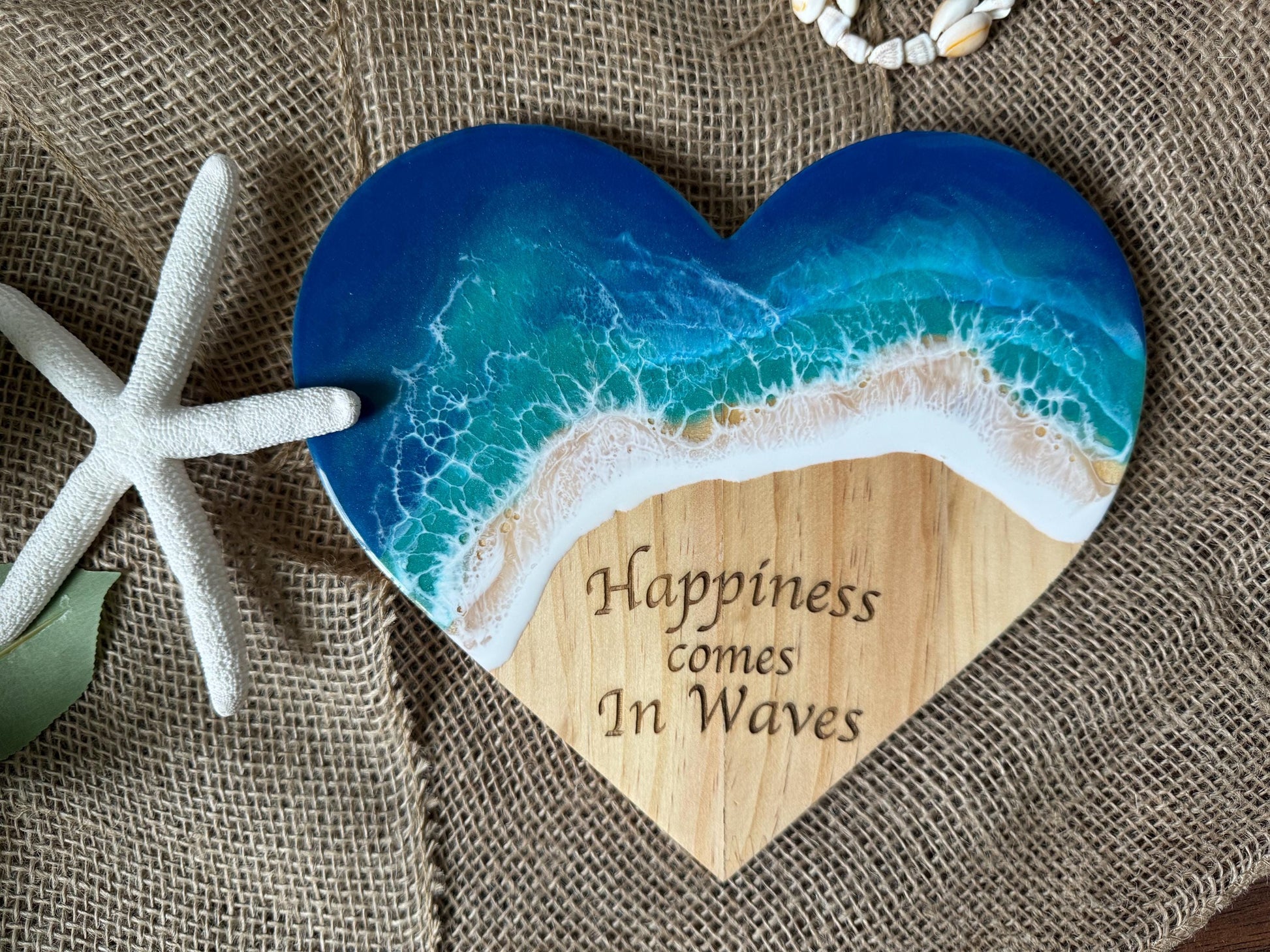 Ocean Wave Wall Art, Wooden Heart Beach Sign, Happiness Comes in Waves Handmade Coastal Art, Student Gift Dorm Decor, Coastal Christmas