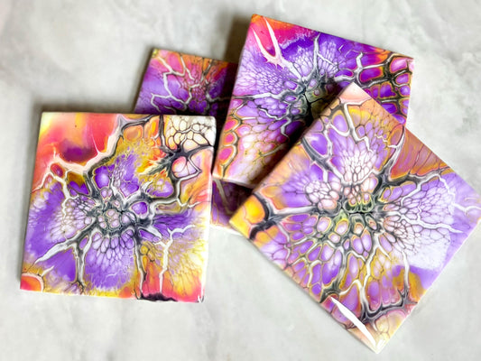 Colorful Painted Ceramic Coaster Set of 4, Handmade Wedding Gift, Unique Housewarming Gift, New Home Realtor Closing Gift, Fluid Art Coaster