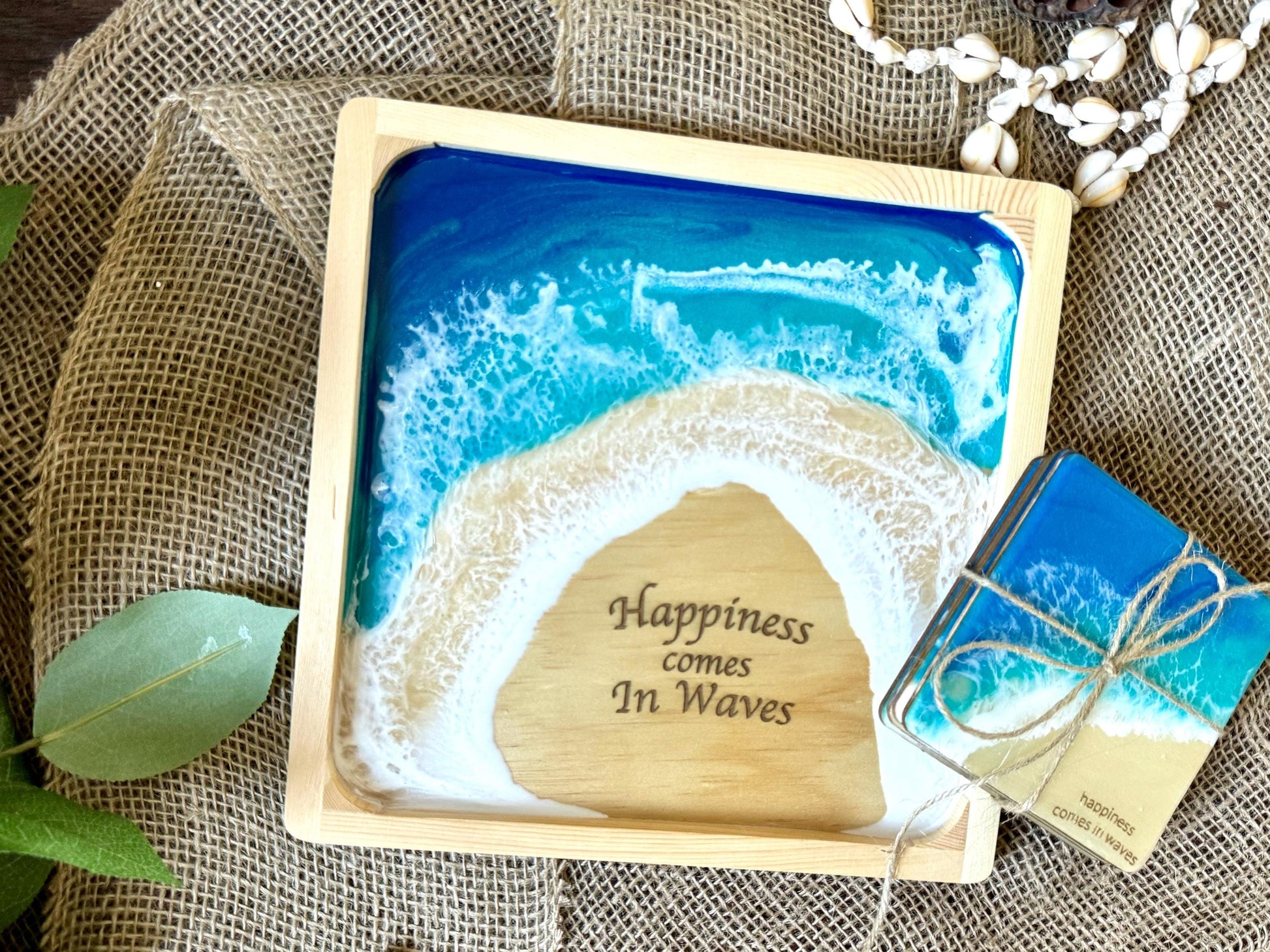 Coastal Home Decor, Ocean Wave Wall Art, Handmade Wooden Beach Sign, Happiness Comes in Waves Nautical Beach House Gift, Coastal Christmas