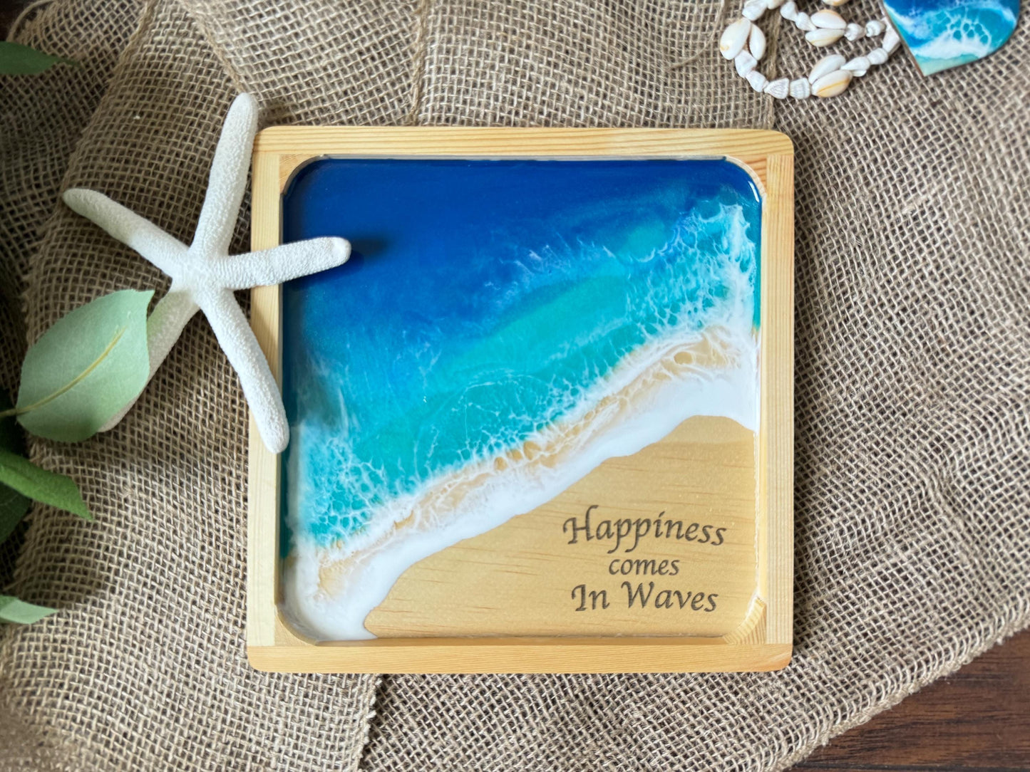 Coastal Home Decor, Ocean Wave Wall Art, Handmade Wooden Beach Sign, Happiness Comes in Waves Nautical Beach House Gift, Coastal Christmas