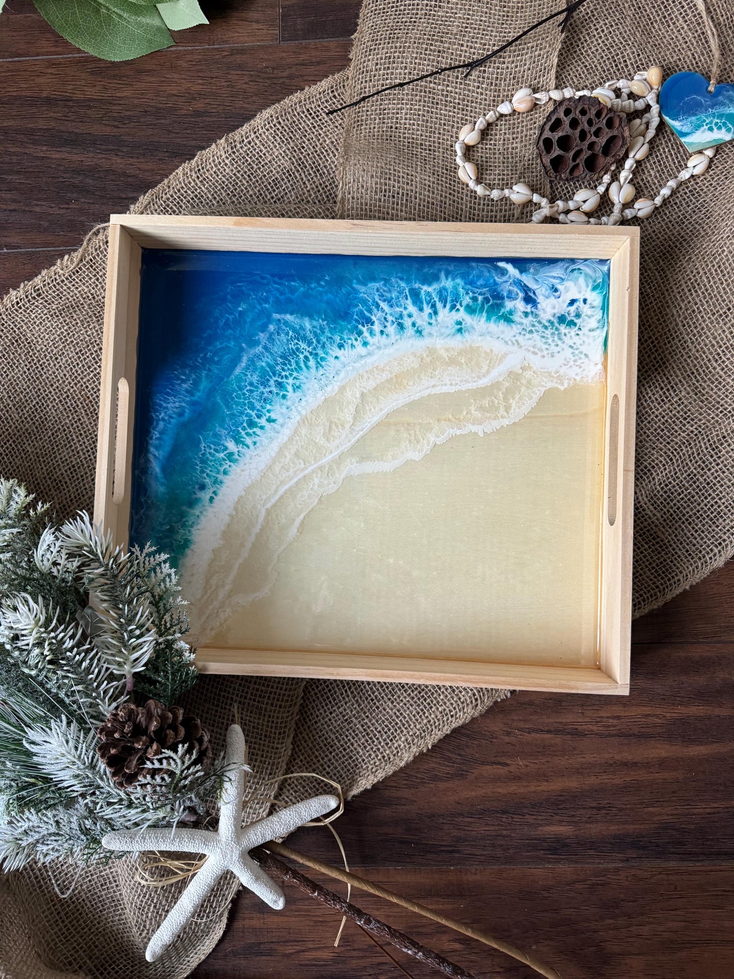 Beach Coastal Serving Tray, Ocean Wave Coffee Table Tray, Host Home Decor Gift, Nautical Housewarming Gift, Beach House, Coastal Christmas