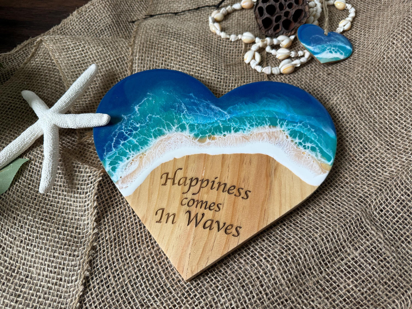 Ocean Wave Wall Art, Wooden Heart Beach Sign, Happiness Comes in Waves Handmade Coastal Art, Student Gift Dorm Decor, Coastal Christmas